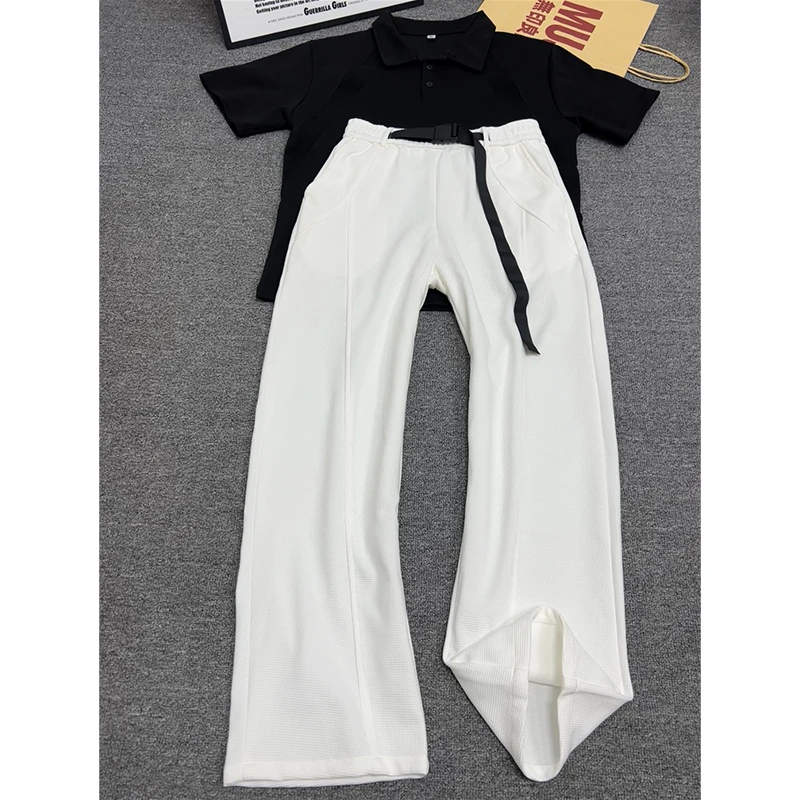 白色弯刀裤男款潮牌垂坠凉感华夫格宽松直筒裤慵懒风运动休闲裤子