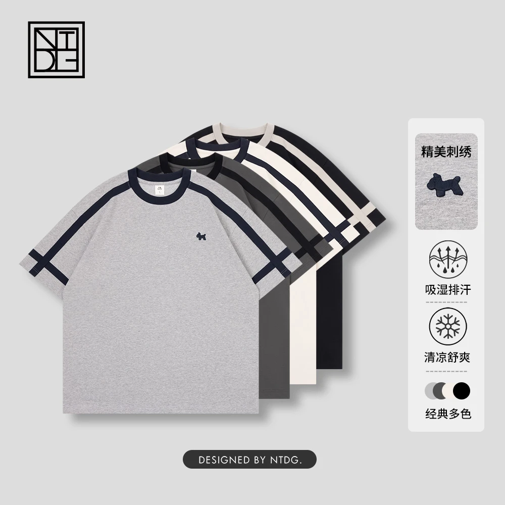 夏季新款织带撞色圆领液氨棉刺绣小狗短袖72227