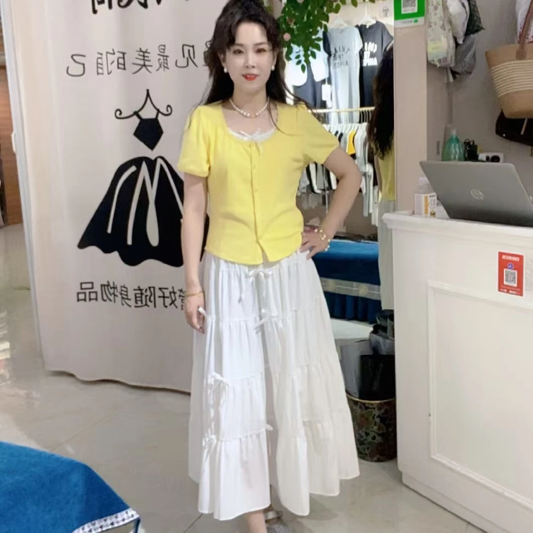 娟儿家2025夏新韩版时尚气质显瘦百搭短袖蕾丝花边上衣套装裙子