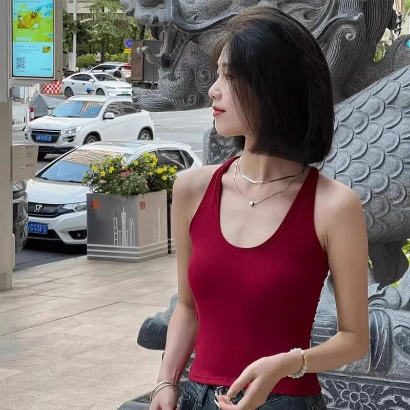 纯棉美背洋气辣妹女夏季性感上衣u领吊带露背修身挂脖外穿背心潮