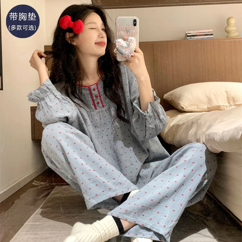 睡衣女春秋带胸垫纯棉2025年新款长袖薄款加大码可外穿家居服套装