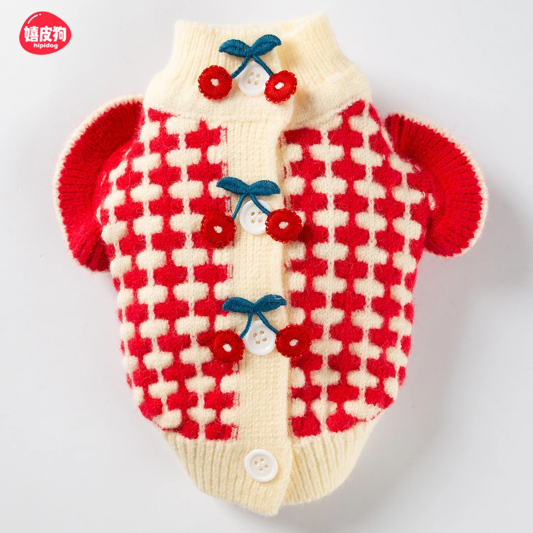 嬉皮狗秋冬狗狗衣服樱桃格纹保暖毛衣小型犬泰迪两脚衣服宠物8313