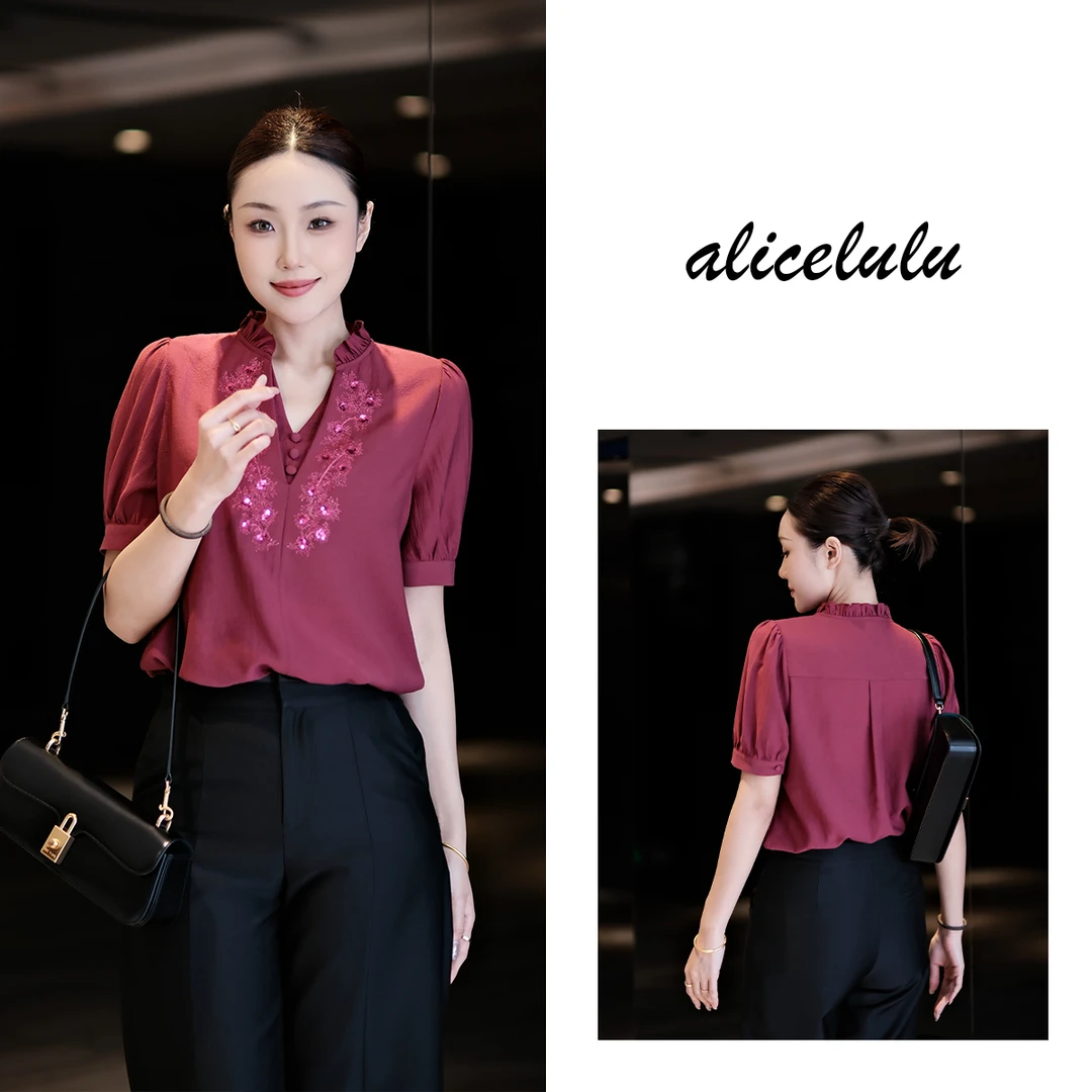 [alicelulu] “显白滤镜”衬衫 亮片刺绣 浪漫花边 S2142029E