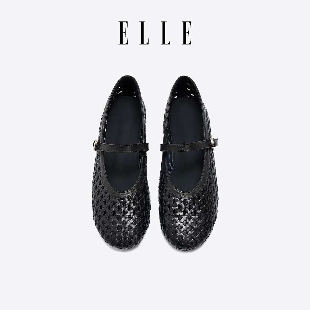 ELLE2025夏季新款法风编织黑色圆头单鞋平底透气玛丽珍鞋
