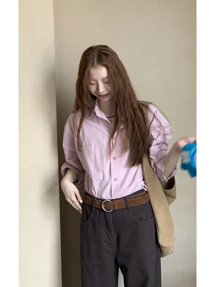 秋季新款法式通勤百搭粉色显白休闲衬衫女长袖宽松气质上衣外套潮