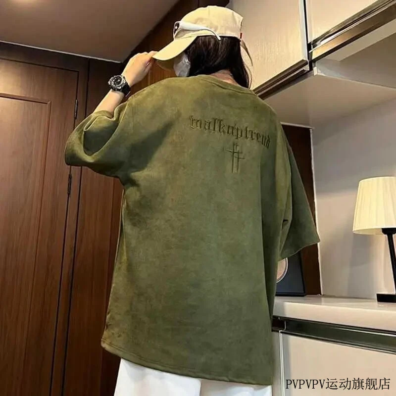 重磅刺绣短袖t恤男夏季潮牌复古宽松情侣半袖上衣美式鹿皮绒体恤