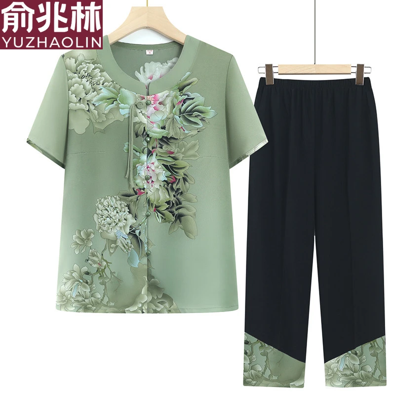 俞兆林奶奶夏季短袖套装新中式60岁岁70老年人女衬衫洋气妈妈夏装