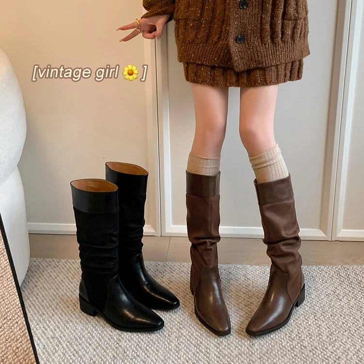 真皮堆堆靴2025秋冬季新款高筒女靴子中筒骑士靴小个子中跟瘦瘦靴