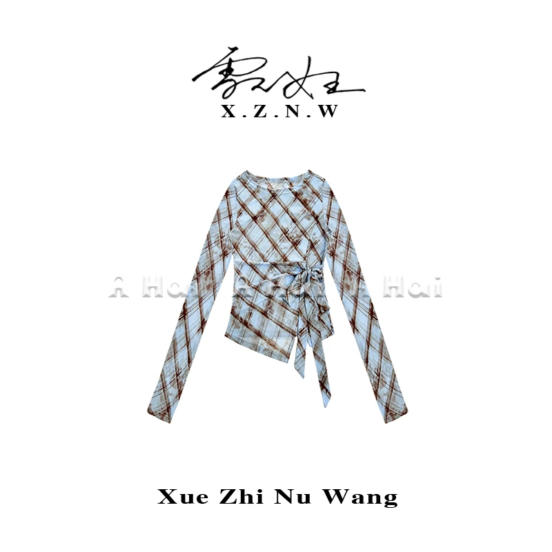 A Hai【 菱格绮韵】夏季高级感清新蝴蝶结绑带网纱T恤女百搭罩衫