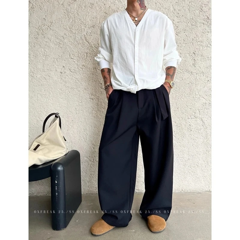 300斤超大码老钱风宽松垂感工装裤男女秋季纯色压褶别致西装长裤