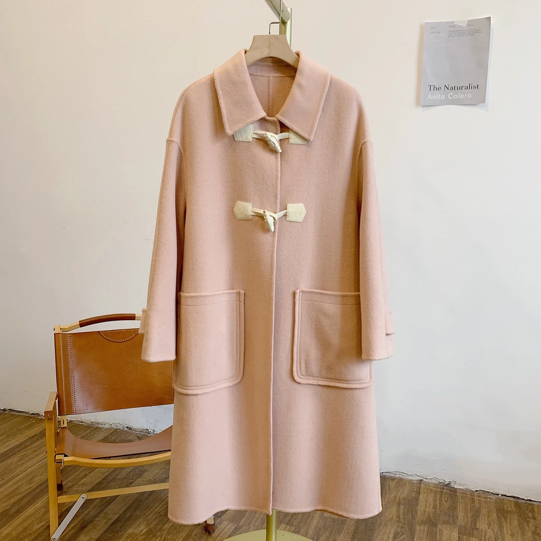 罗曼蒂克C5087皮扣翻领长款毛呢外套