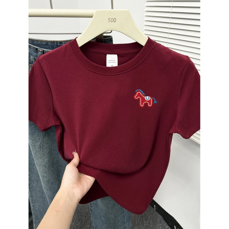 2026新款酒红色正肩短袖t恤女胖mm大码遮肚藏肉百搭圆领洋气上衣