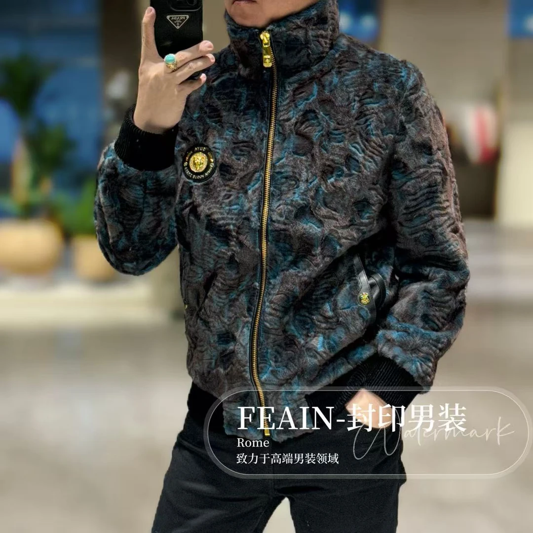 高端定制男士琥珀卷毛金卡拉库立领夹克26718