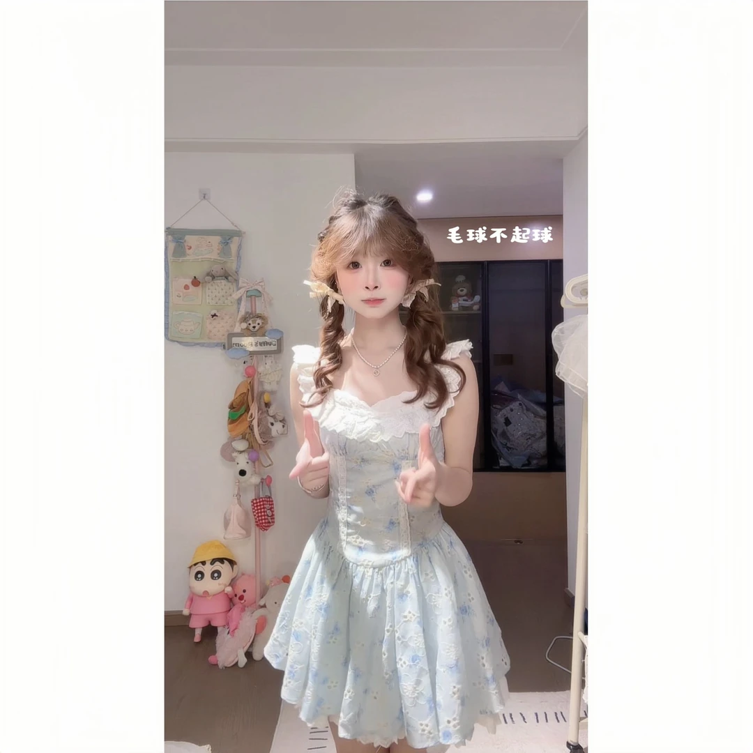 【芭蕾海盐】法式纯欲甜美刺绣蕾丝蓬蓬连衣裙