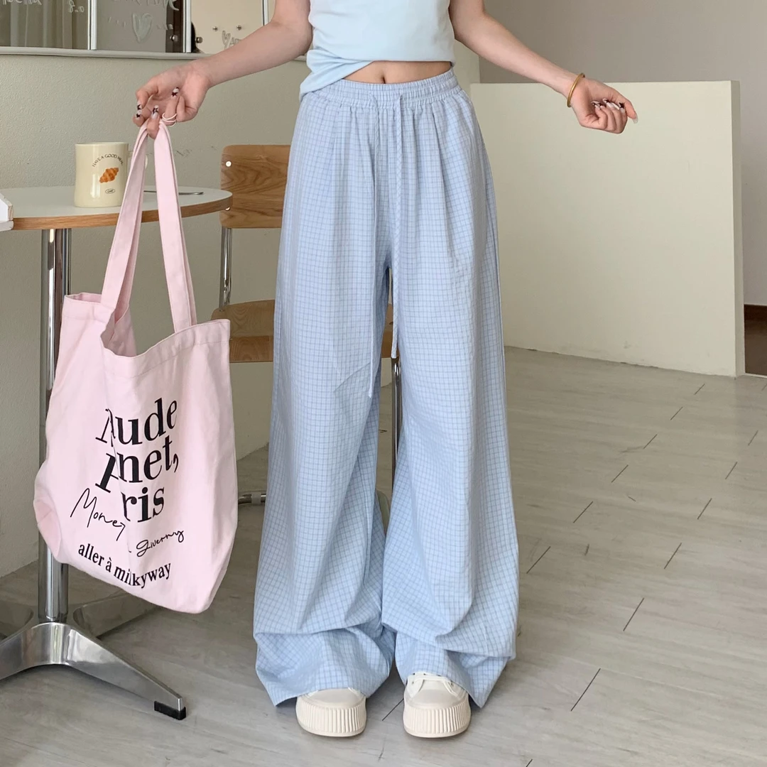 3MER 韩系慵懒风绑带松紧格子裤女夏直筒宽松阔腿休闲裤子