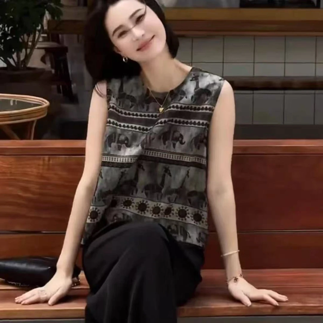 299夏季新款宽松减龄提花法式慵懒无袖衬衫背心上衣