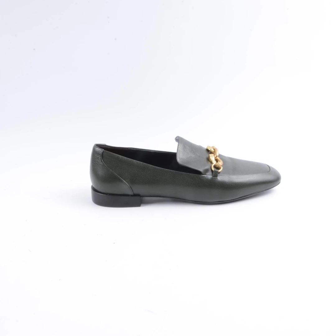 95新 TORY BURCH/汤丽柏琦  TB金链深绿色皮质低跟鞋