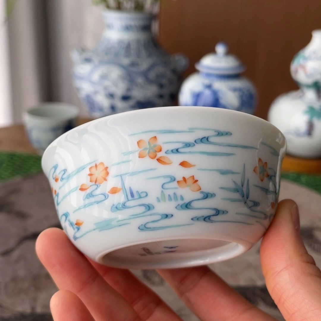 陶瓷杯子望玉斗彩落花流水卧足杯
