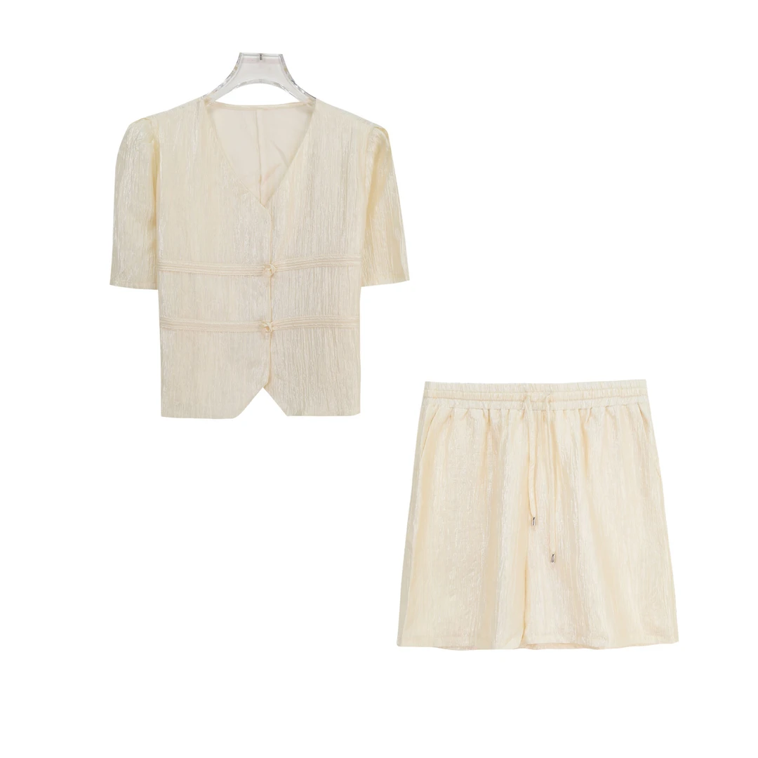 新中式工装V领开衫休闲阔腿短裤套装S725