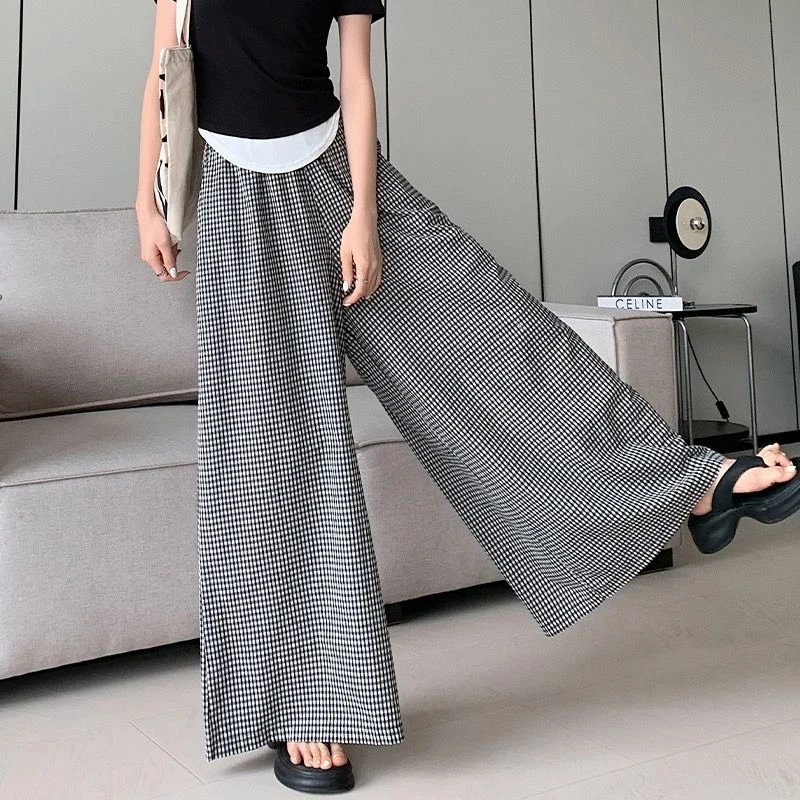 夏季棉麻女阔腿裤长裤薄款透气休闲裤宽松百搭高腰显瘦格子裤裙