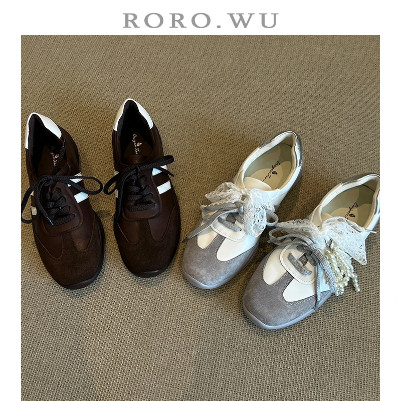 娆娆吴·羊翻皮休闲运动珍珠链蕾丝系带百搭舒适单鞋女鞋D936