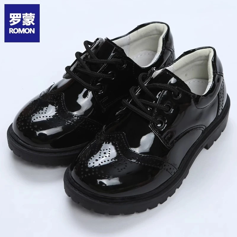 Romon/罗蒙男童皮鞋秋季亮面软底演出系带儿童黑色小皮鞋6-12岁