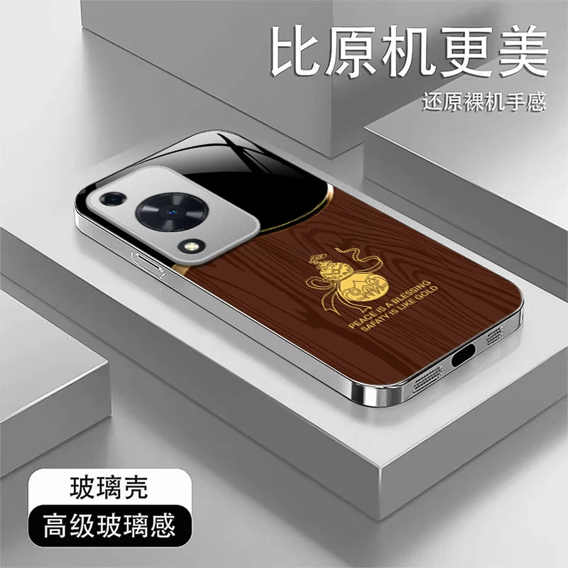 适用华为hi畅享70m富贵葫芦手机壳木纹液态玻璃壳高级防摔保护壳