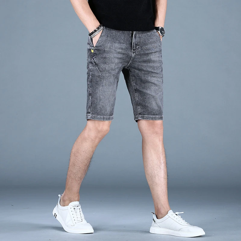 博利凯葆碟夏季薄款男士修身直筒五分裤子高端休闲灰色牛仔短裤