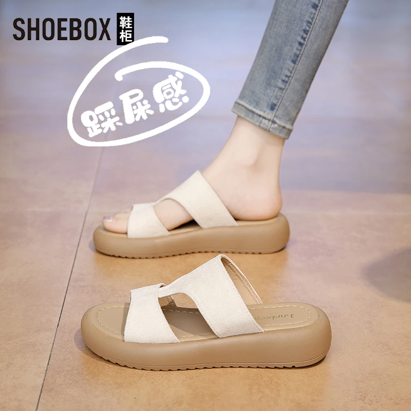SHOEBOX鞋柜复古百搭一字拖女2025夏季新款皮面舒适时尚凉拖鞋