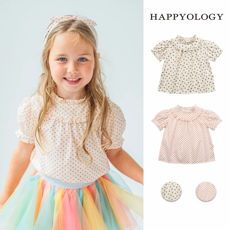 【HAPPYOLOGY】英国女童夏季木耳边衬衣儿童泡泡袖衬衫女宝纯棉上衣