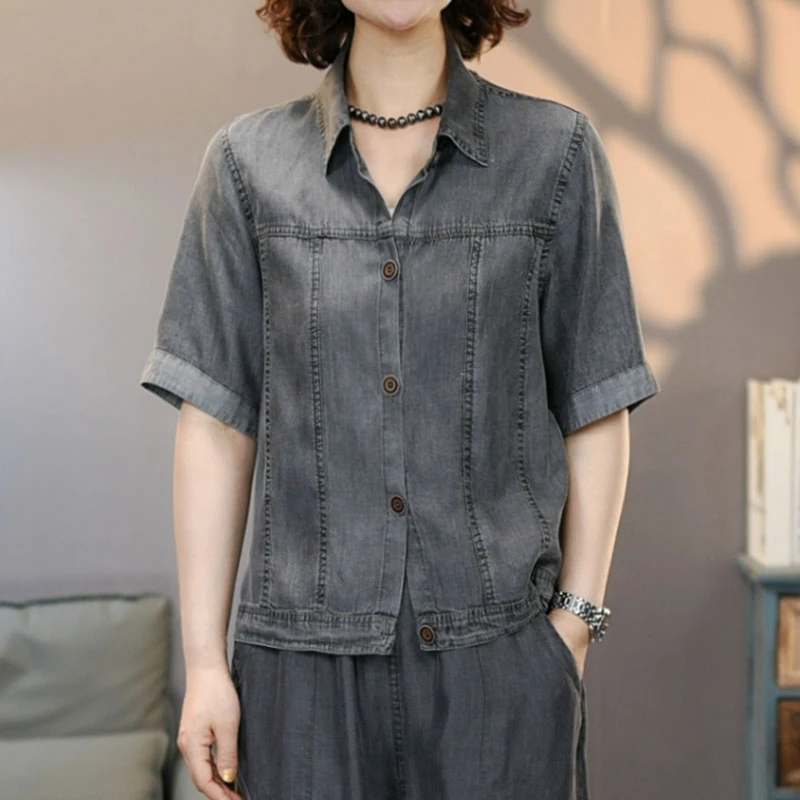 8713雾霾黑夏季新款莱赛尔短袖牛仔衬衫女宽松显瘦休闲时尚透气