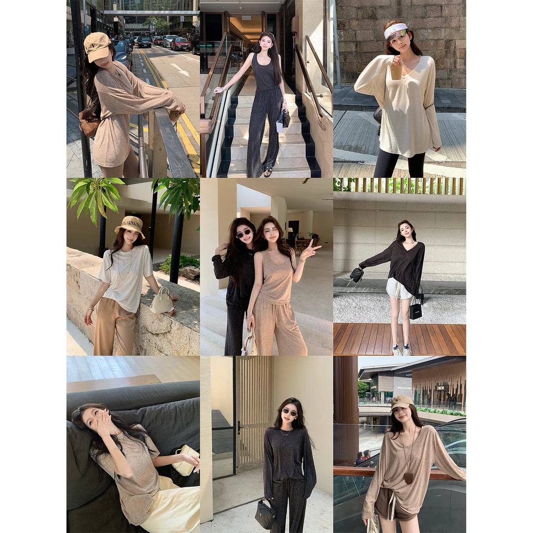 “松弛清透大系列”巨轻薄微透亚麻混点宽松多领懒人T恤/背心/长裤