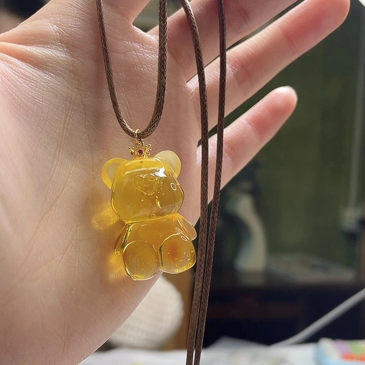 琥珀银S925镶嵌裸石小熊吊坠