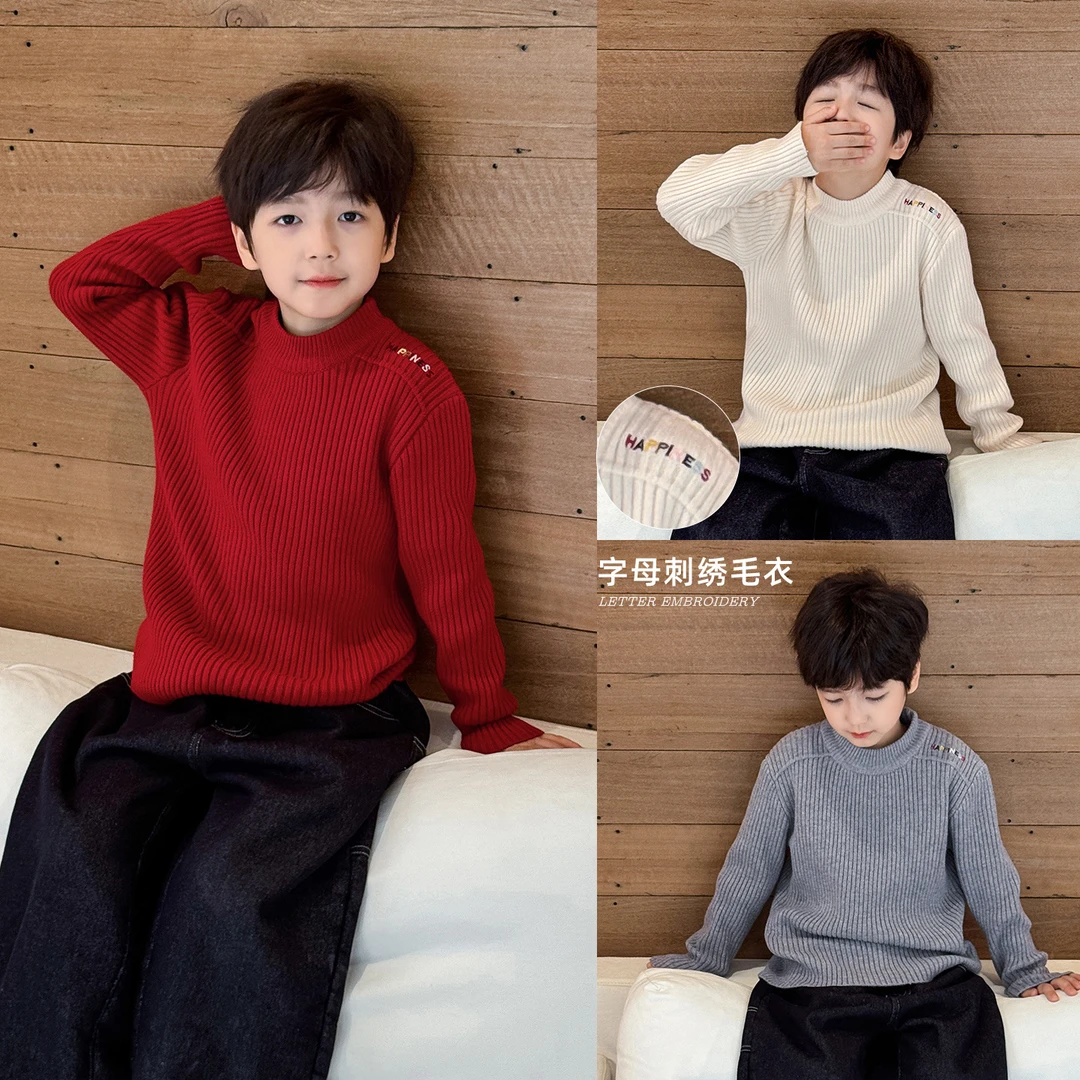 棉小班童装时尚新年款彩色字母刺绣打底圆领针织毛衣AMY5042