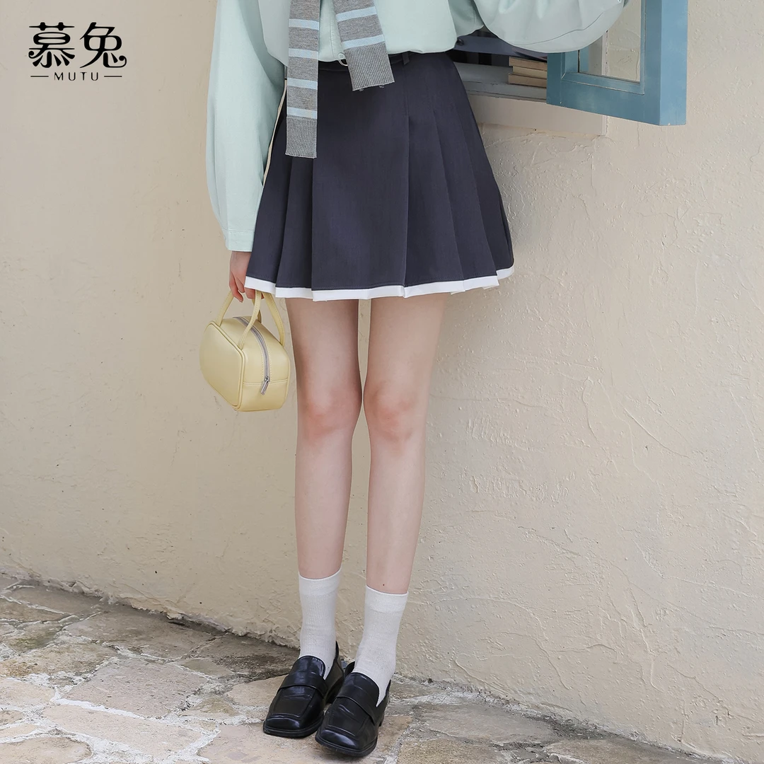 【小铃铛】TU28668学院风拼接撞色百褶半身裙小个子高腰a字短裙