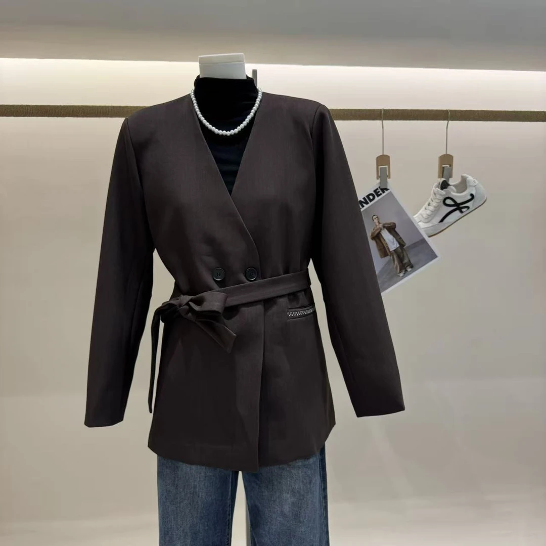 深圳南油白桃美美 复古明线设计系带修身长袖西装女外套气质A3104