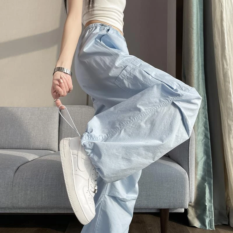 多巴胺黄色冰丝工装裤女夏季美式伞兵裤小个子高腰显瘦速干运动裤