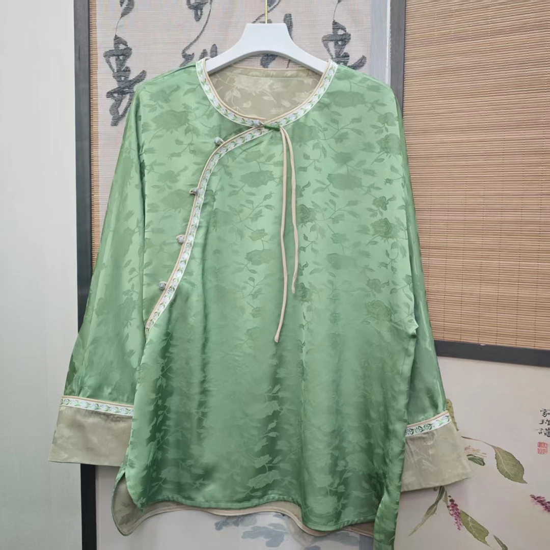 [花影]衬衫绿色女士夏季复古传统中国风民族风绣花