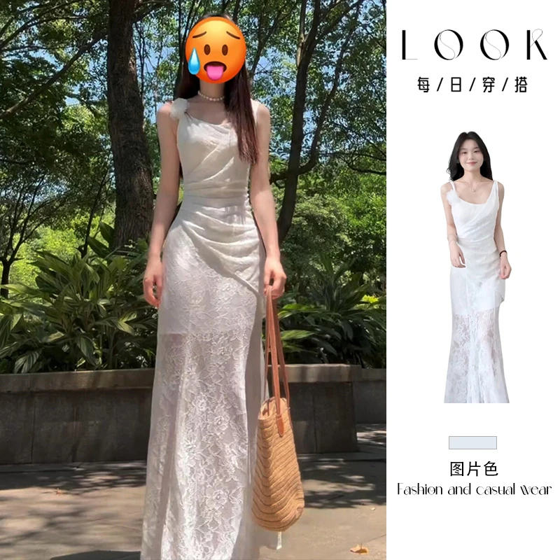 2025新款法式纯欲风白色蕾丝吊带连衣裙子女夏季气质独特掐腰长裙