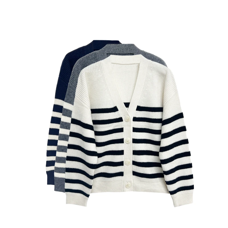 【橙庐】520805学院风绵羊毛山羊绒V领条纹针织开衫 秋冬女气质时尚