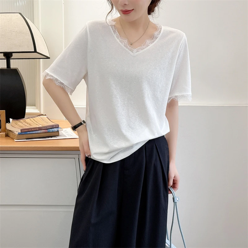 设计感V领白色花边拼接短袖T恤女2025夏季新款休闲百搭纯色上衣