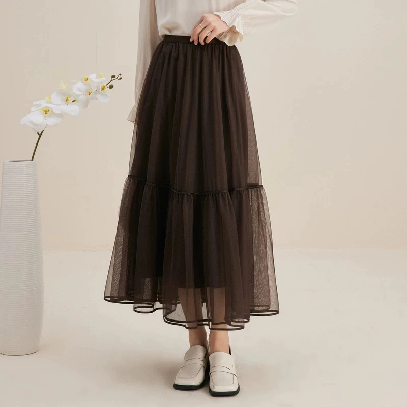 半身裙女冬季新款通勤复古不规则设计遮肉显瘦网纱中长裙340112