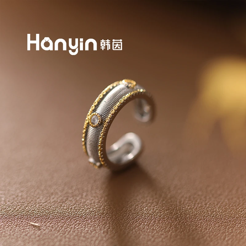 铜合金合成锆石戒指 气质光面撞色拉丝微镶泡泡开口戒指AAA