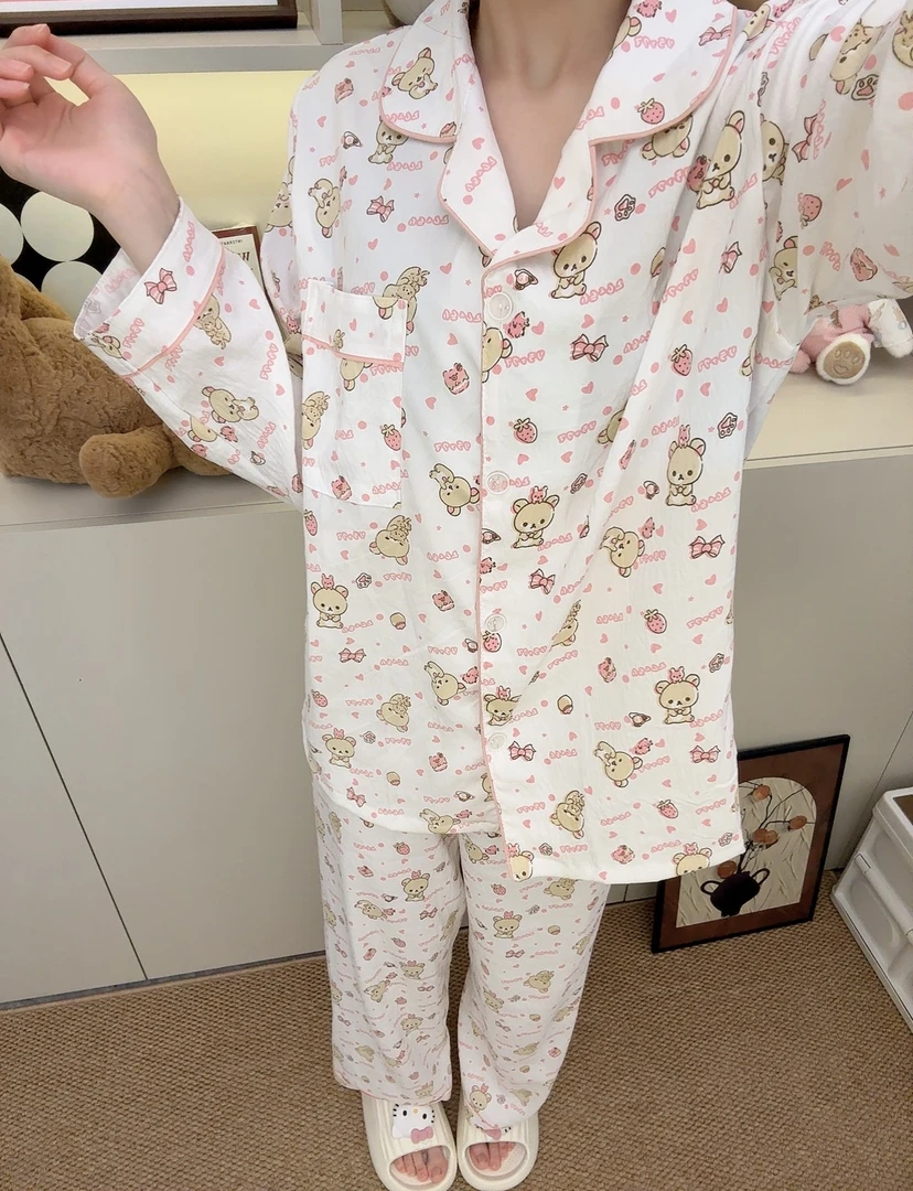 ins风少女甜美可爱卡通轻松小熊睡衣女春秋新款长袖长裤家居服