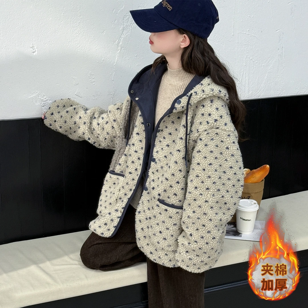 小女孩女童毛毛衣外套连帽6-12岁洋气加厚秋冬2025新款棉服保暖潮