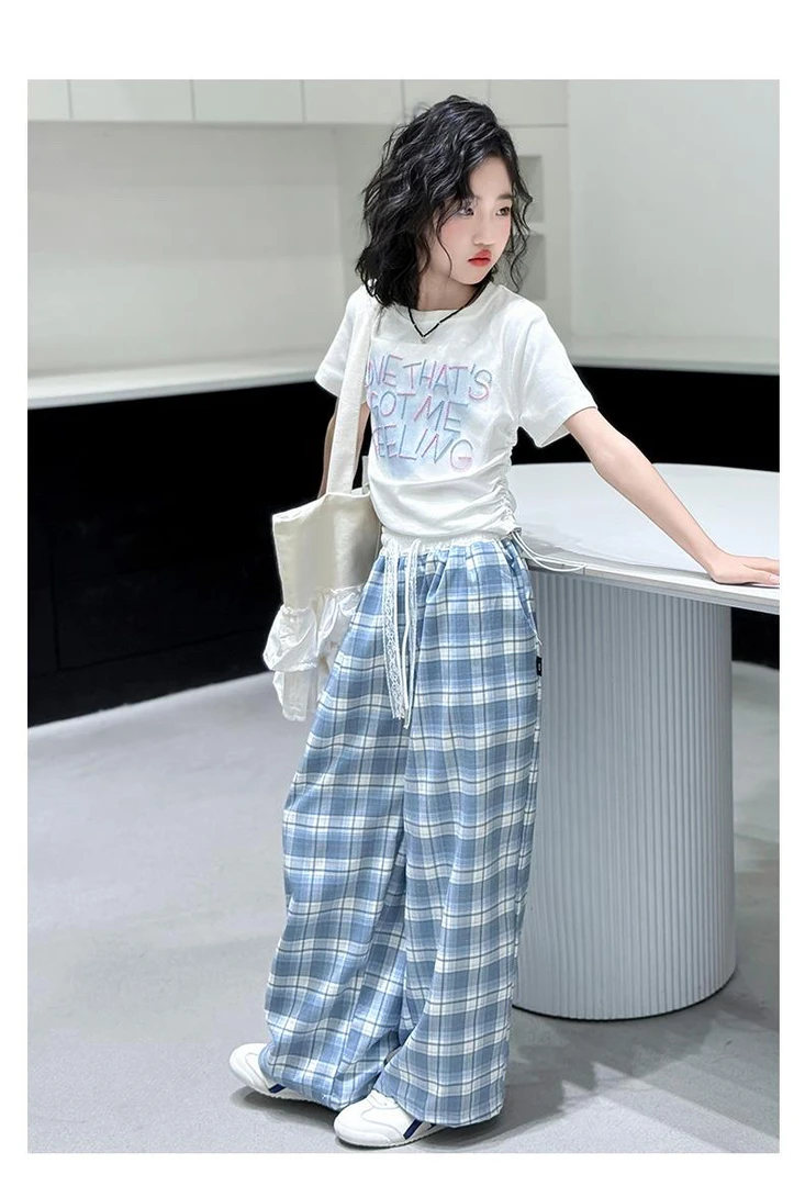 女卡通动漫夏季薄款格子常规套装女童运动中大童夏装显瘦