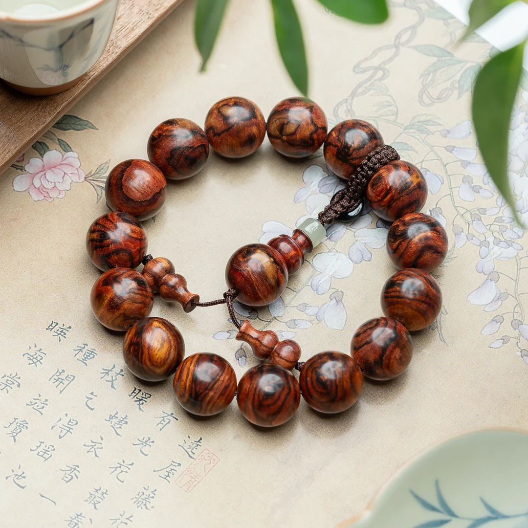 海南黄花梨15mm蝴蝶纹单圈手串葫芦天然玉石文玩木质文玩