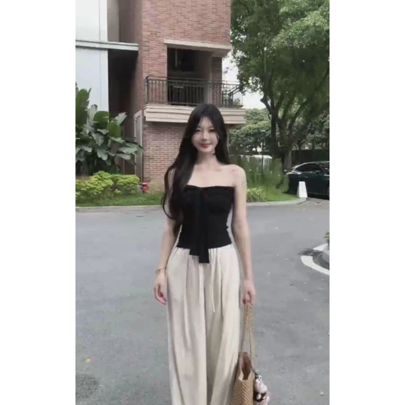 夏季新款辣妹纯欲小众气质设计感抹胸背心上衣高腰宽松直筒裤套装