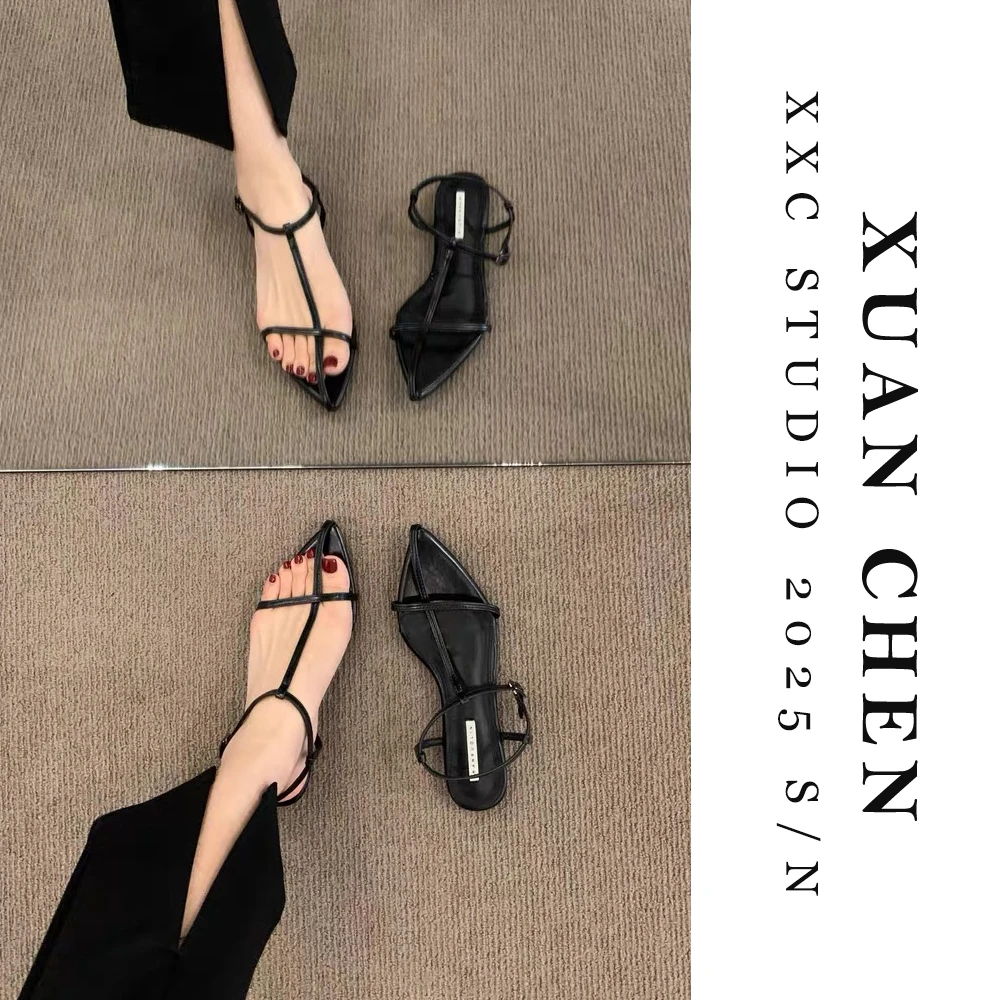 夏季清凉感软面平跟凉鞋法式洋气百搭女款露趾凉鞋#8261