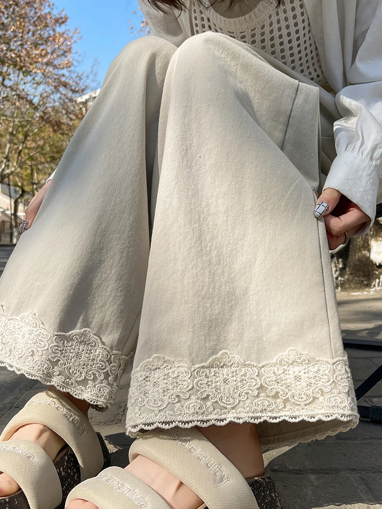 蕾丝拼接洗水棉阔腿裤女春秋款高腰宽松胖mm加大码显瘦九分休闲裤